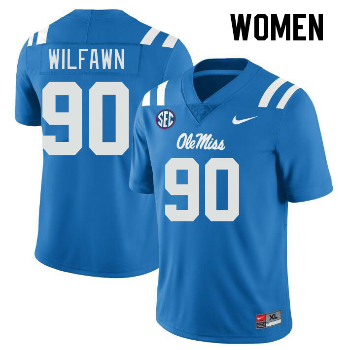 Women #90 Kortlen Wilfawn Ole Miss Rebels College Football Jerseys Stitched-Power Blue